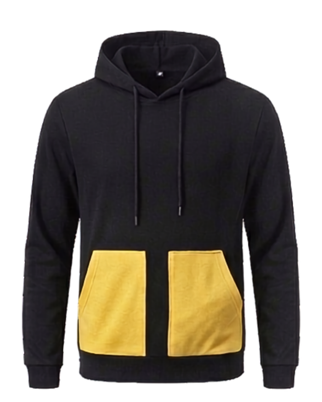Black long sleeve hoodie with yellow patched pocket
