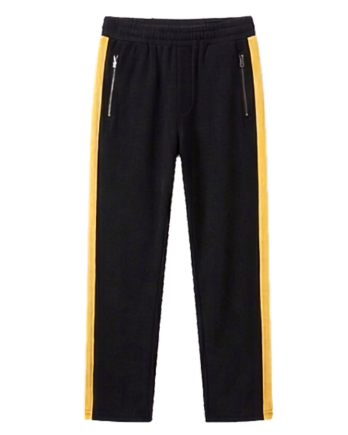 Black long sleeve hoodie with yellow patched pocket